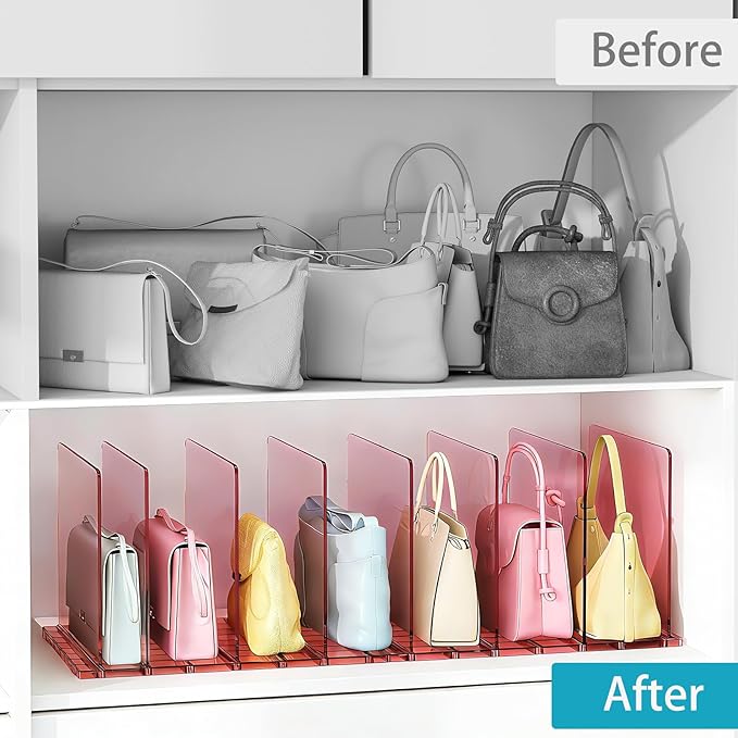 Purse Organizer for Closet: Shelf Dividers Adjustable Acrylic Bag Closet Organizers and Storage Pink 4 Bases 14 Shelves