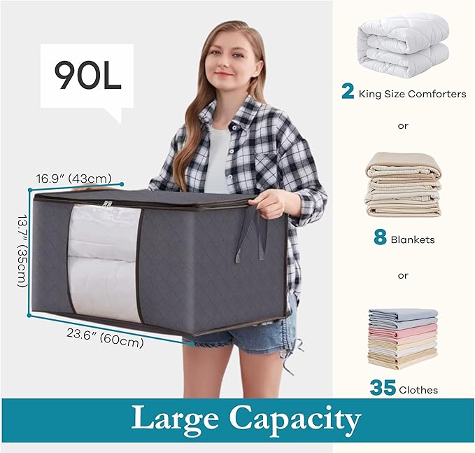 90L Large Storage Bags for Clothes,Blanket and Comforter, 3 Pack Foldable Clothes Storage Bins for Closet Organizer, Storage Containers with Handle, Storage Box