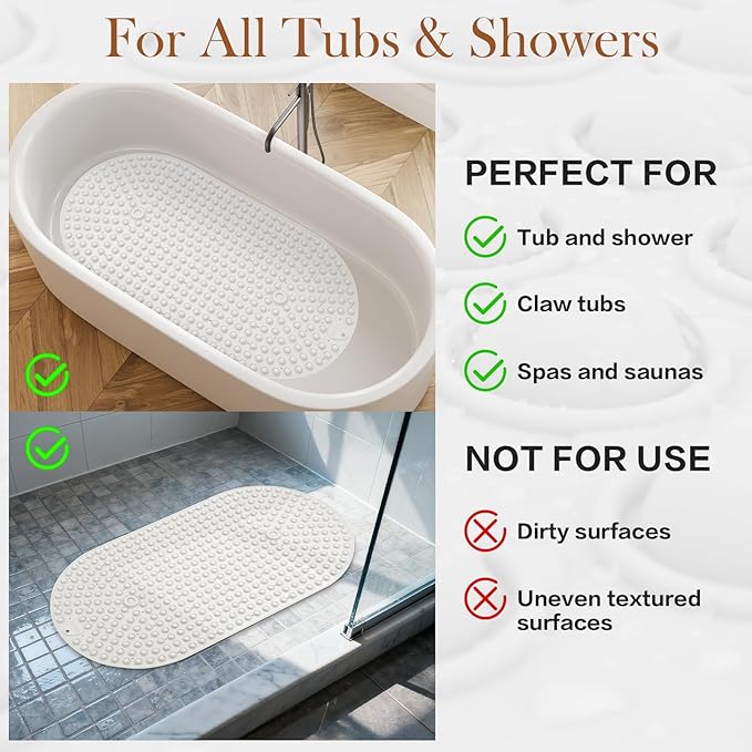 Joiyota Silicone Push Pop Bath Mat with 391 Suction Cups, 33x17.3 Inch Non-Slip Tub Mat for Adults, Textured Surface for Extra Stability & Drainage, White Thickened Soft Shower mat Easy to Clean