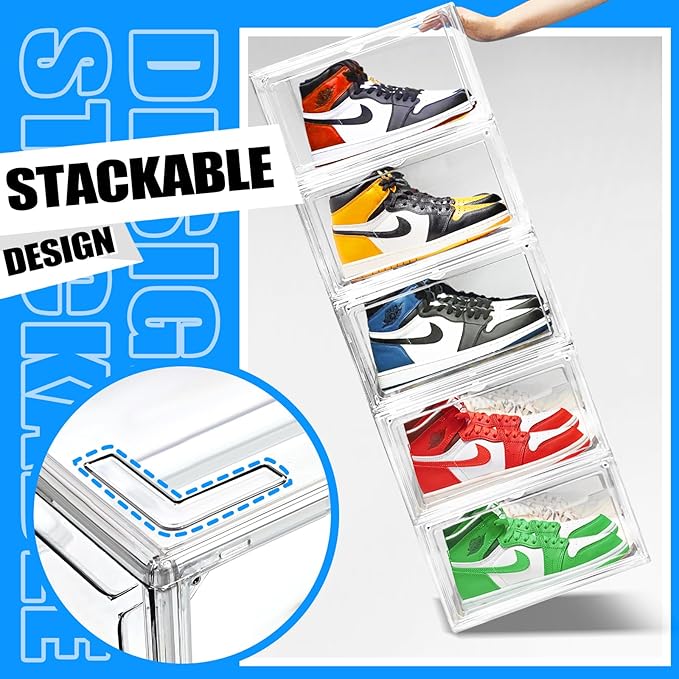 EDS FAM 4 Pack Large Acrylic Shoe Boxes Sneaker Storage for Sneakerheads Clear Plastic Stackable Boot Shoe Collectibles Display Case, Size 13