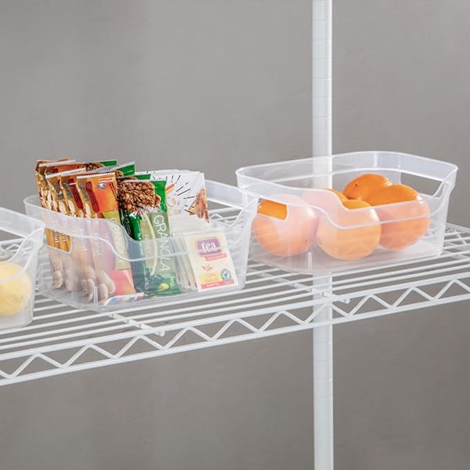 Sterilite 9.5 x 6.5 x 4 Inch Small Open Scoop Front Clear Storage Bin with Comfortable Carry Through Handles for Household Organization (32 Pack)