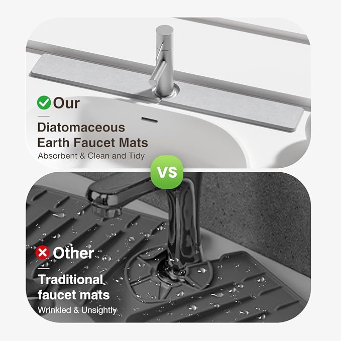 30" x 4" Stone Faucet Mat for Kitchen Sink, Quick Drying Diatomite Sink Tray, Faucet Sink Splash Guard for Prevents Moisture Buildup (Light Gray)