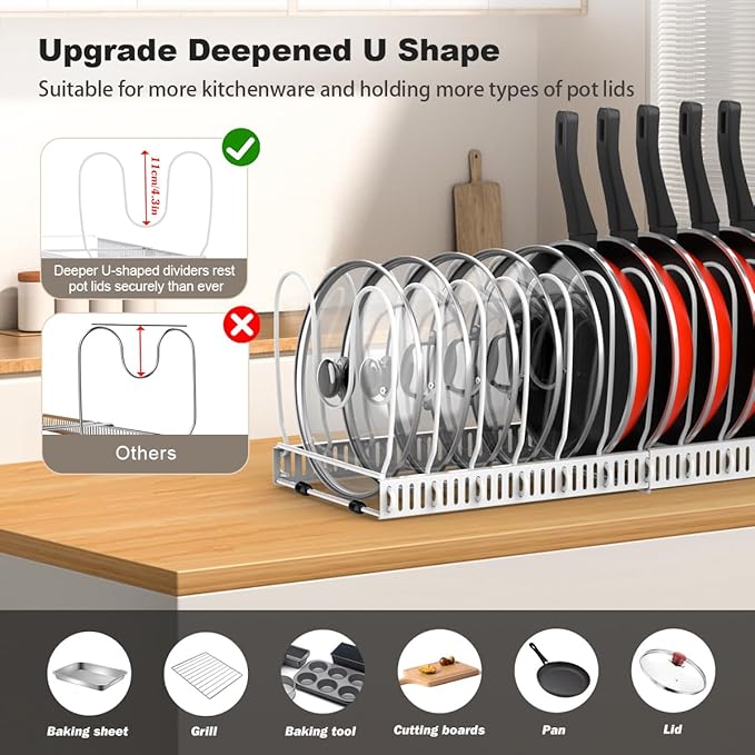 Housolution 2 Pack Pot and Pan Organizer Rack, 12"-23" Expandable Pot Lid Organizer with 14 Adjustable Dividers, Pan Holder Storage Rack for Kitchen Cabinet, White