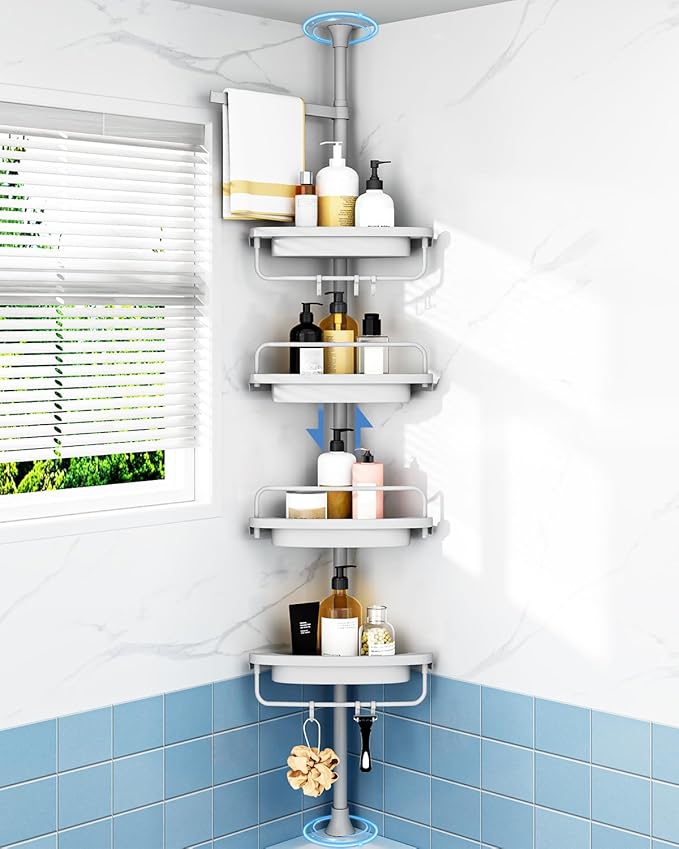 ALLZONE Rustproof Shower Caddy Corner for Bathroom,Bathtub Storage Organizer for Shampoo Accessories,4-Tier Adjustable Shelves with Tension Pole, 34 to 116 Inch, Grey