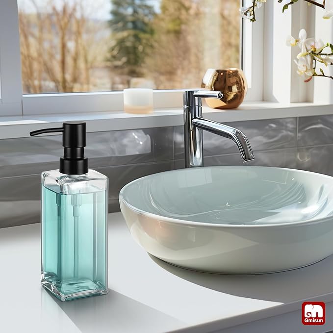 GMISUN Glass Soap Dispenser with Stainless Steel Pump, Clear Hand Soap Dispenser for Bathroom, 12 fl oz/350ml Refillable Dish Dispenser for Kitchen, Modern Liquid Soap and Lotion Bottle for Countertop
