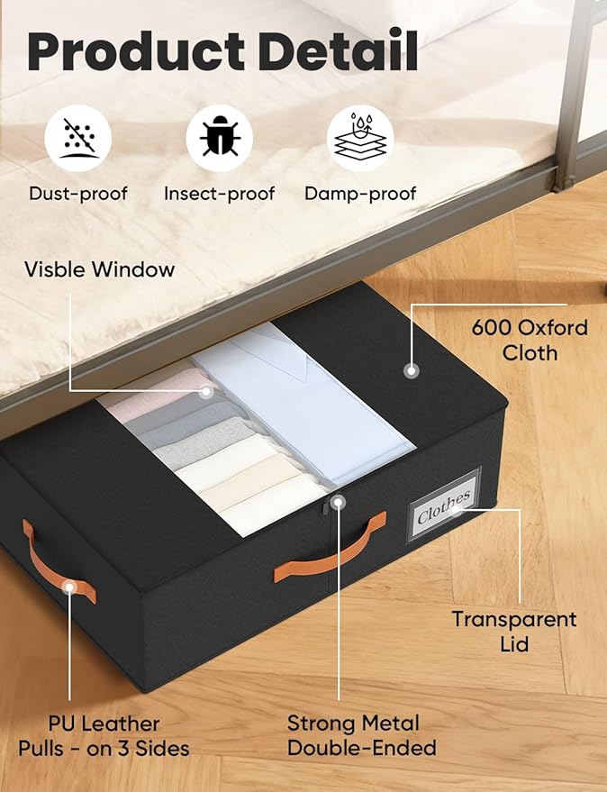 TOSKING 2-Pack Under Bed Storage with Wheels and 4 Vacuum Seal Bags,7.9 Inch 47L Clear Lid Organizer, Space Saving for Bedding Blankets Clothes ShoesToys, Quick Assembly, Black