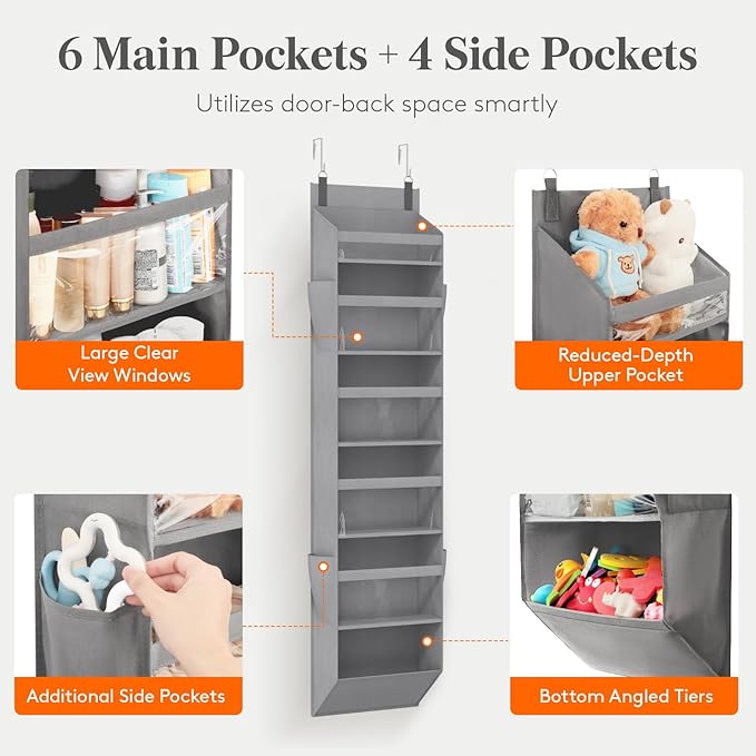 Lifewit 1 Pack Over the Door Organizer, Clear Window Hanging Storage with 4 Mesh Side Pockets, Anti Tilt 40 lbs Load Behind Door for Pantry, Nursery, Bathroom, Bedroom, Dorm, 6 Section, Light Gray