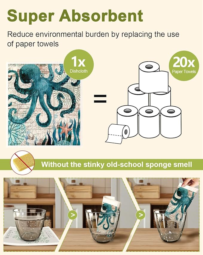 8 Pack Reusable Kitchen Swedish Dishcloths for Washing Dishes Absorbent Fast Drying Cleaning Sponge Cloths Cute Design Decorate Washable Swedish Towels, Blue Sea