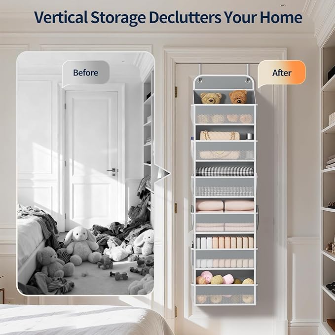Yecaye 6 Tier Over The Door Organizer Storage, Heavy Duty Door Organizers Hanging with 12 Side Mesh Pockets, 52.8lbs Load Capacity Behind Door Storage for Bathroom Nursery Bedroom Dorm Closet, Grey