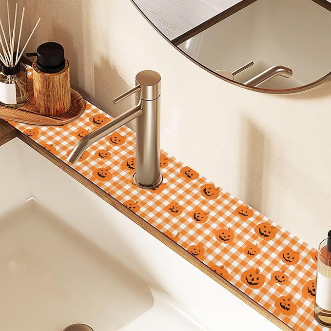 Halloween Orange Plaid Pumpkins Pink Flowers Kitchen Sink Splash Guard Sink Faucet Mat Faucet Handle Drip Catcher Drain Mats for Kitchen Bathroom Countertop Absorbent D