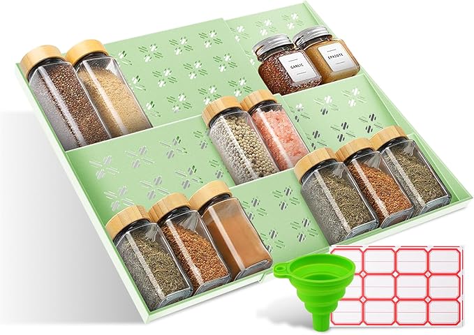 Expandable Spice Drawer Organizer (11"-22"), 3-Tier Slanted Kitchen Cabinet Rack with Labels & Funnel, Adjustable for Standard & Tall Bottles, Versatile for Bathroom & Office – Jars Not Included