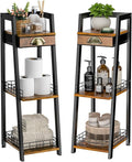 keomaisyto 3-Tier Narrow Bathroom Shelves with Drawer, Bathroom Organizers and Storage, Open Floor Ladder Shelf, Freestanding Tower Slim Standing Unit for Small Spaces - Rustic Brown