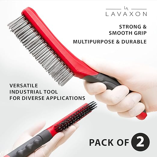 Wire Brush Set-Heavy Duty Stainless & Carbon Steel Bristles with Plastic Handle Grip for Rust, Wielding Slag, Dirt & Paint Scrubbing with Deep Cleaning – 10 Inches, Large (Pack of 2-Red)