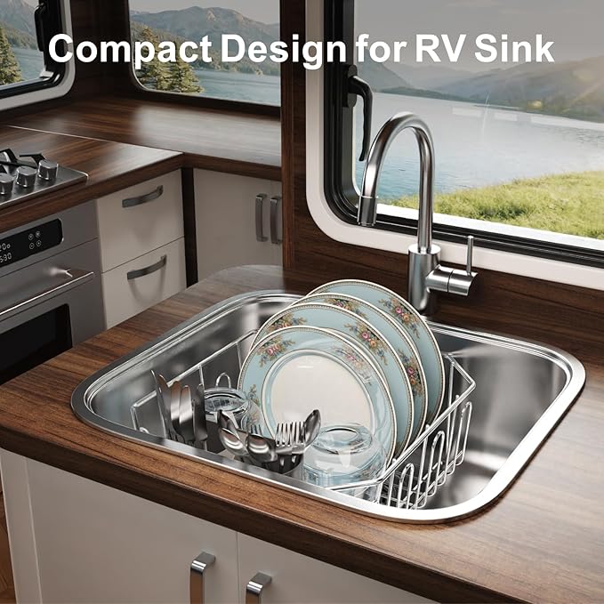 iSPECLE Small Dish Drying Rack for Kitchen Sink - Stainless Steel Compact in Sink Dish Drainer with Removable Utensil Holder for RV Apartment Essentials, 11.6" W x 13.4" L, Rust Resistant, Silver
