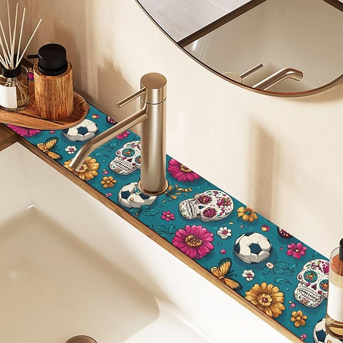 Kitchen Sink Splash Guard 1 PC 30 Inch Sink Faucet Mat Splash Guard for Bathroom Countertop Water Absorbent Foldable Cuttable Soft Washable Mexican Flag Flower Soccer