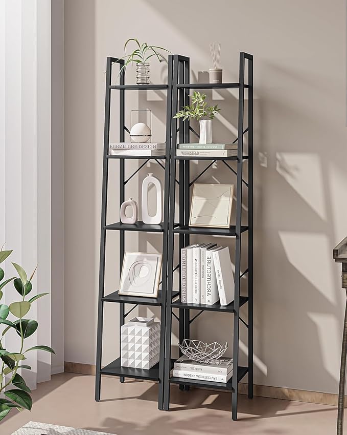 Ladder Shelf, Bookshelf Bookcase, Freestanding Corner Storage Shelve with 2 Hooks for Home Office, Living Room, Kitchen, Bedroom, Industrial, 11.8" D x 13.4" W x 63" H, Black BC03204B