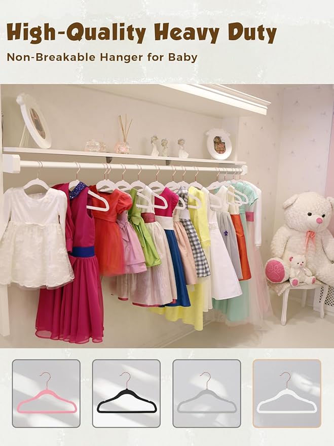 Smartor Kids Velvet Hangers 50 Pack, 14 Inch Premium Non Slip Kids Felt Hangers for Closet, Space Saving Toddler Clothes Hanger for Youth's Childrens' Clothes (Rose Gold Hook)- White