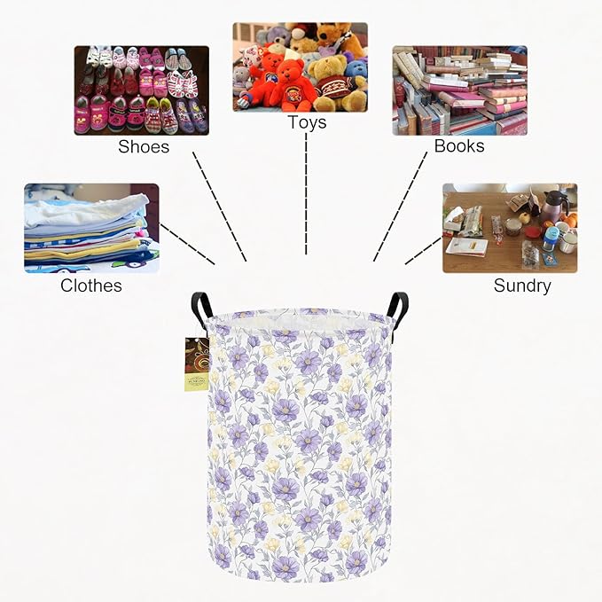 HUNRUNG Laundry Hamper,Large Canvas Fabric Lightweight Storage Basket Toy Organizer Dirty Clothes Collapsible Waterproof for College Dorms（Round-Purple Flowers）