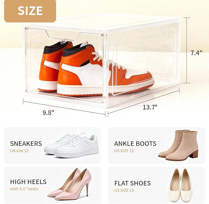 Shoe Boxes Shoe Storage Boxes Display Boxes with Magnetic Doors and Stackable Design, Ideal for Hallways, Under Beds, Wardrobes, and Living Rooms (Magnetic Door-Clear, 6 Pack)