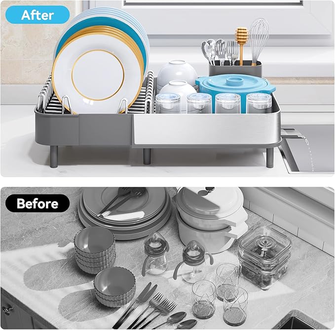 Dish Drying Rack, 304 Stainless Steel Dish Drainer with Removable Utensil Holder & Drain Board, Rustproof Space-Saving Dish Rack for Kitchen Countertop, Grey