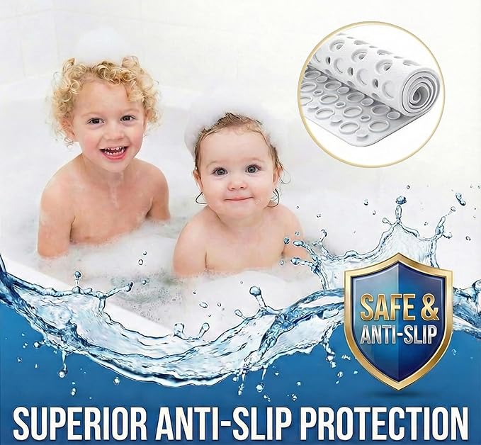 Mantto Nonslip Bath Tub Shower Mat with Suction Cups, Extra Soft TPE Bath Mat for Kids, Bathtub Bathroom Mats, Machine Washable, Smooth/Non-Textured Tubs Only, 35L x 16W Inch(White)