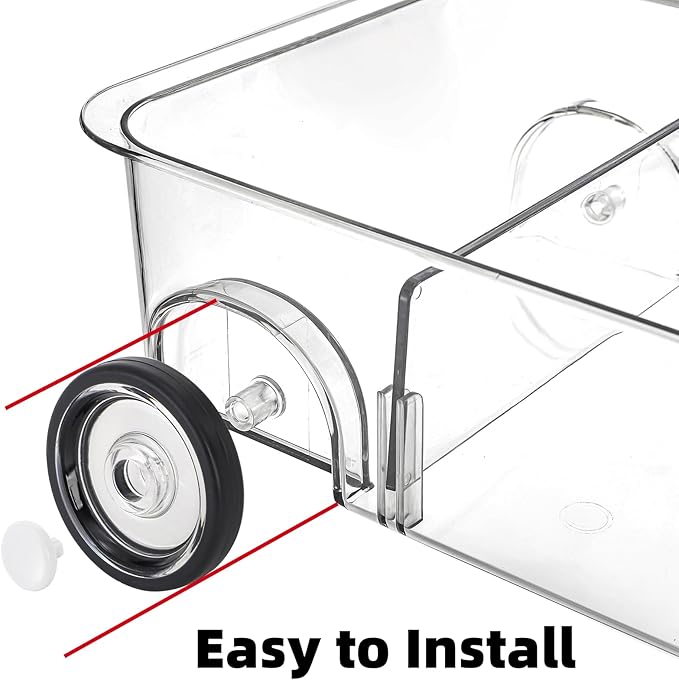 2 Pack Refrigerator Organizer Bin with Wheels, Roll Out Pantry Storage with Dividers, Clear Plastic Refrigerator Drawer, Upgrade Thick Fridge Caddy for Under Sink, Kitchen Organization