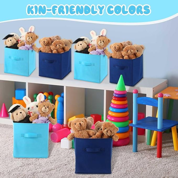 Yinder 12 Pcs Cube Storage Bin Blue 11'' Storage Bins for Playroom Decor Colorful Bins for Kids Foldable Baskets for Nursery Organizer Boxes Fabric Boxes