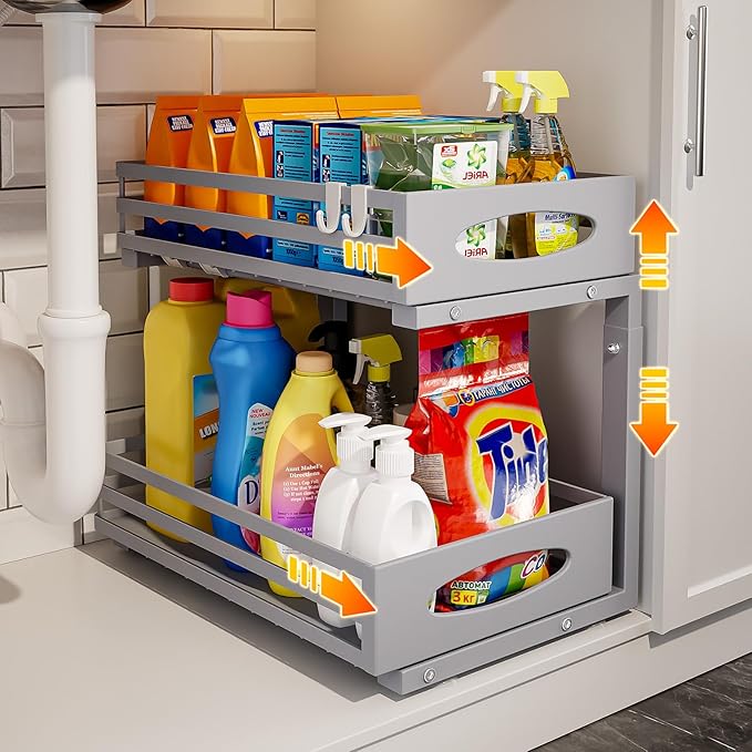 Under Sink Organizer, 2 Tier Under Sink Organizers and Storage, Adjustable Height, Slide out Metal Cabinet Organizers, Pull out Cabinet Storage Drawer Shelf for Kitchen Bathroom (Gray, 1Pack)