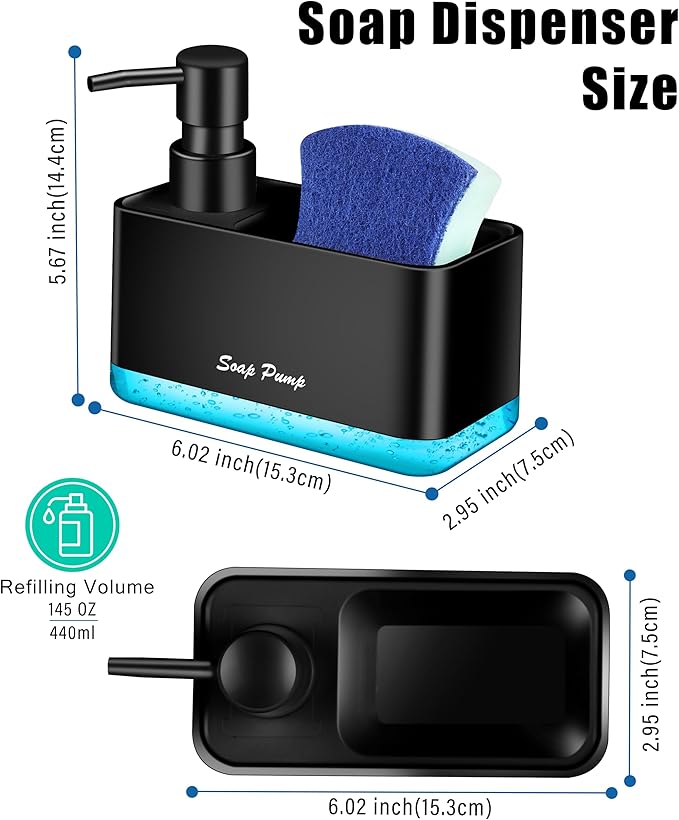 Dish Soap Dispenser with Sponge Holder, 2-in-1 Countertop Small Soap Dispenser for Kitchen and Bathroom, Multi-Scene for Dish Soap, Hand Soap, Lotion, Body Wash (Black)