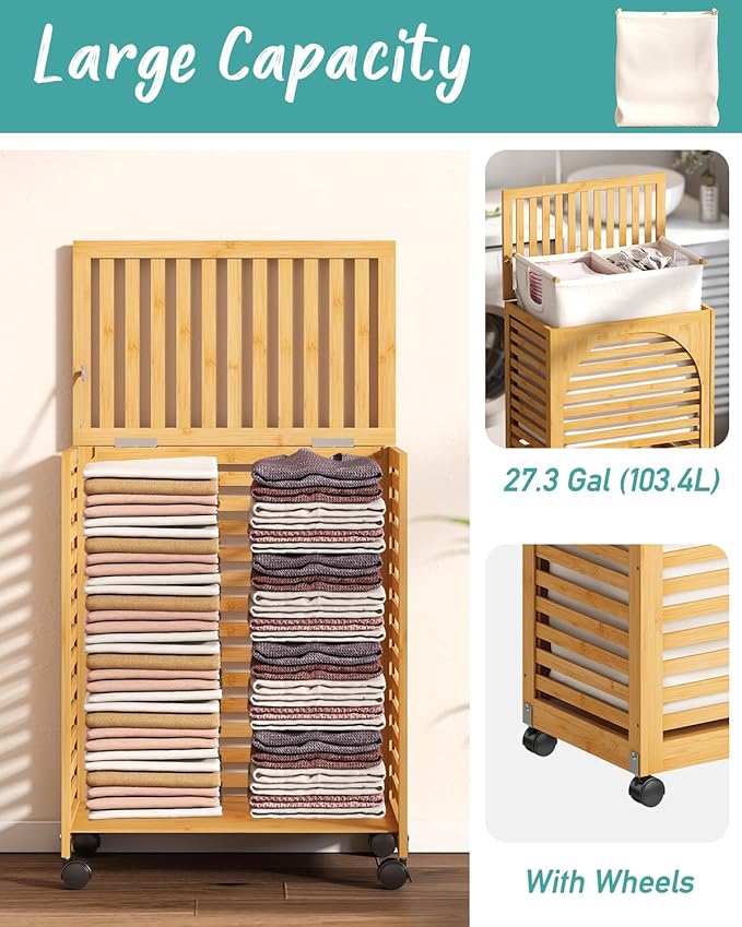 Laundry Hamper with Wheels, Large Laundry Basket with Lid, 27.3 Gallon (103.4L) Bamboo Wood Clothes Laundry Hamper 2 Section with Handles, Removable Liner