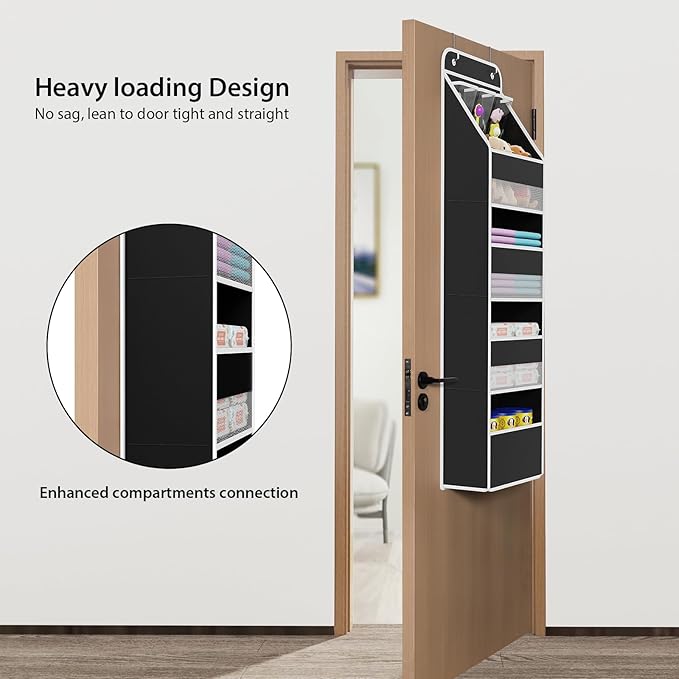 Univivi 5-Shelf Fabric Door Storage Over Door Hanging Organizer with 4 Large Pockets and 3 Small PVC Pockets Nursery Closet Cabinet Wall Mount Hanging Storage Organizers for Baby Nursery (Black)