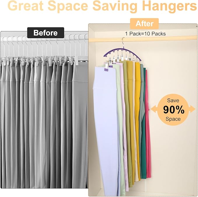 Legging Organizer for Closet, Metal Yoga Pants Hanger w/Rubber Coated 1 Pack w/10 Clips Hold 10 Leggings, Hangers Space Saving Hanging for Closet Organizers and Storage-Purple