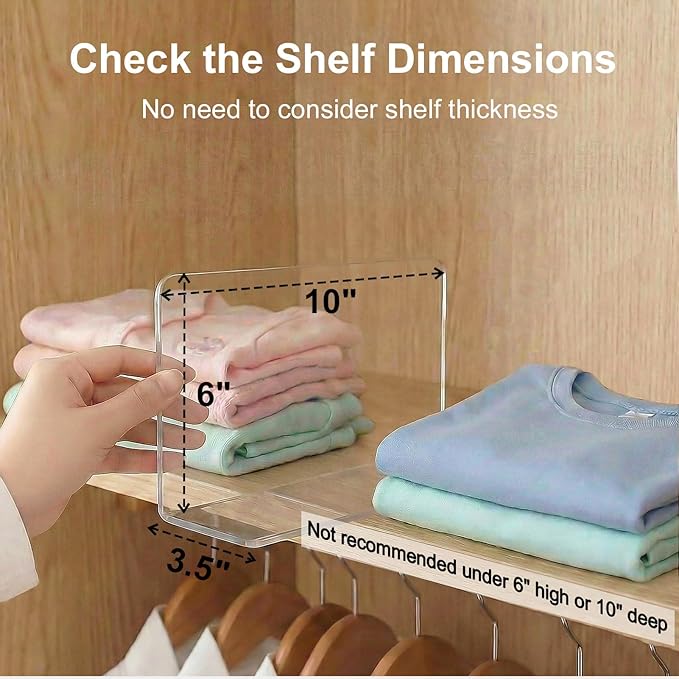 Shelf Dividers for Closet Organization: 6" Tall x 10" Deep, Deeper Adhesive Separators Features Acrylic Material and Provides Storage for Babywear and Purses in Bedroom Cabinets(8-Pack)