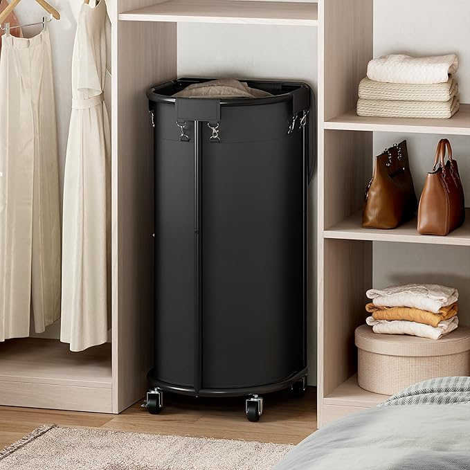 Chrislley Laundry Hamper with Wheels and Lid, 100L Rolling Laundry Basket, Half Round Laundry Cart with Removable Bag and Iron Frame, Dirty Clothes Hamper Organizer for Home, Dorm, Hotel, Black