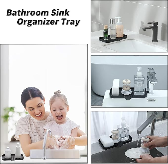 MicoYang Silicone Bathroom Soap Dishes with Drain Spout-Bathroom and Kitchen Sink Organizer,Sponge Holder,Dish Soap Tray,Perfect for Dispenser,Scrubber,Bottle,Cup on Sink or Counter-Black 9.6"×5.3"