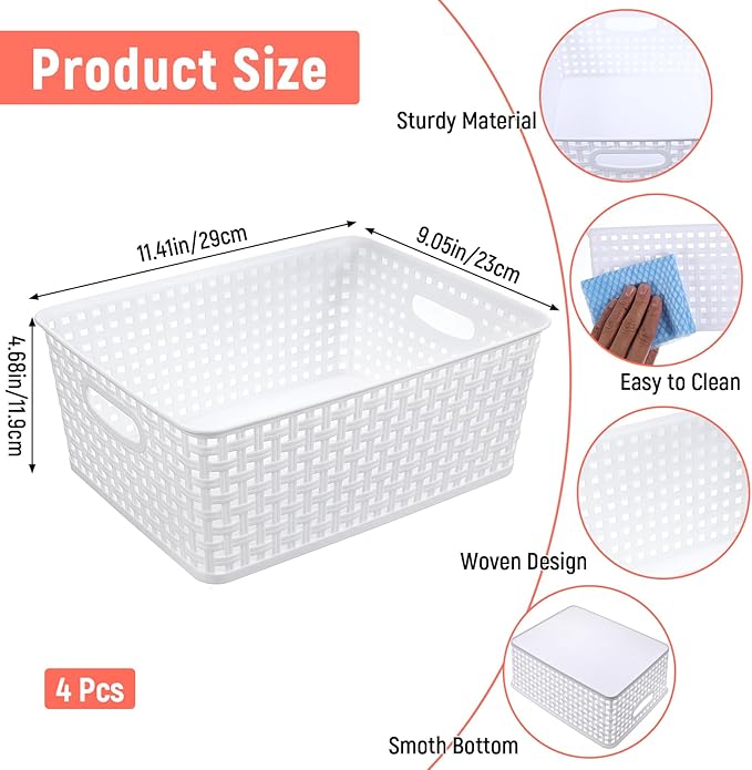 Pack of 4 Plastic Storage Basket,White Desktop File Paper Letter Organizer Tray,Plastic Baskets for Organizing（11.4"X9"X4.7" ）