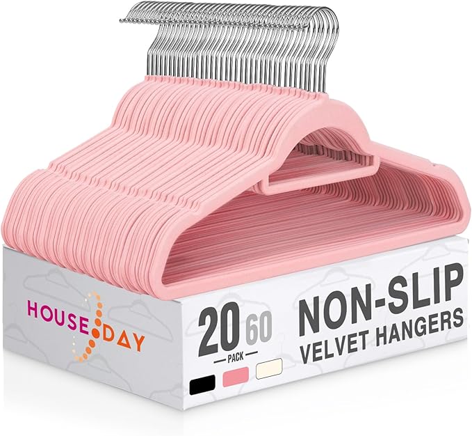 HOUSE DAY Velvet Hangers 20 Pack, Non-Slip Hangers with Tie Bar, Premium Standard Clothes Hangers Slim Felt Hanger 360° Swivel Hook for Closet Organized Storage Elegance Pink 72g/Pc