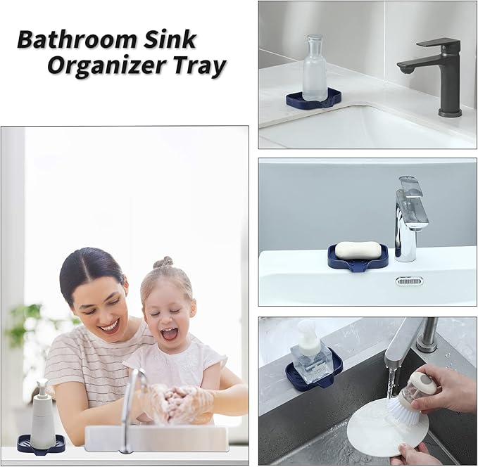 MicoYang Silicone Bathroom Soap Dishes with Drain Spout-Kitchen Sink Organizer,Sponge Holder,Dish Soap Tray,Perfect for Dispenser,Scrubber,Bottle,Cup on Sink or Counter-Navy Blue 4.9"×3.2"