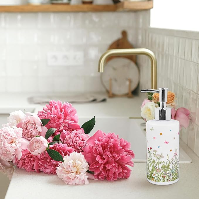 Wildflower Soap Dispenser Vintage Wild Floral Glass Soap Dispenser with Pump Refillable Liquid Soap Container for Bathroom Kitchen Countertop Decor