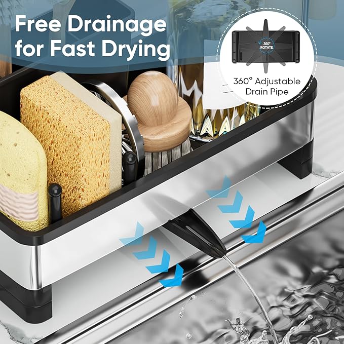 VUSIGN Sponge Holder for Kitchen Sink, Sink Caddy Organizer with Brush Holder, Rustproof Stainless, Self-Draining Sink Organizer for Countertop, Sponges, Brushes, Kitchen Decor and Accessories, Black