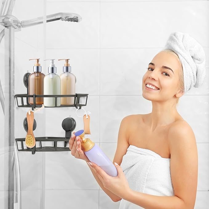 Corner Shower Caddy Shelves - 2PCS Suction Cup Shower Organizer Shelf with 4 Hooks, No Drilling Rustproof Bathroom Caddies Storage, Adhesive Stainless Steel Wall Hanging Rack for Toilet Kitchen