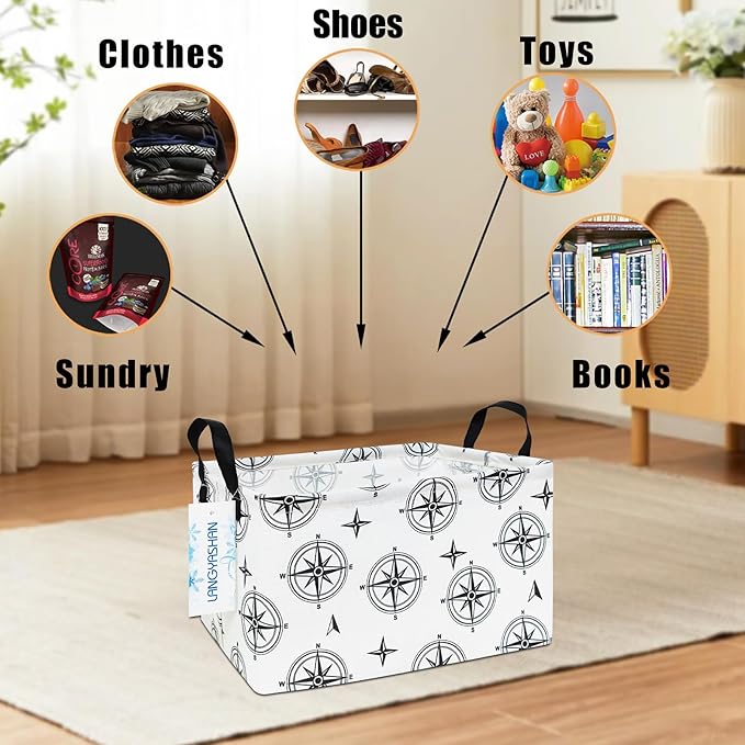 LANGYASHAN Rectangular Storage Bin Collapse Canvas Fabric Cartoon Storage Basket with Handles for Organizing Home Kitchen Boys and Girls Toys Office Closet Shelf Baskets (Rec Black Compass)