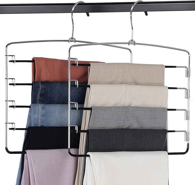 Pants Hangers 2 Pieces,5 Tier Closet Organizers and Storage Clothes,Hangers Space Saving with Swing Arm,Multiple Metal Hanger Clothes Organization for Pants Trousers Jeans Leggings Slacks