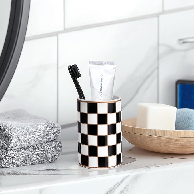 Bathroom Toothbrush Holder Set, Ceramic Checkered Soap Dispenser and Tooth Brush Holder Set, Modern Bathroom Accessories Sets Countertop, Black and White Checkered Bathroom Decor Set (Black)