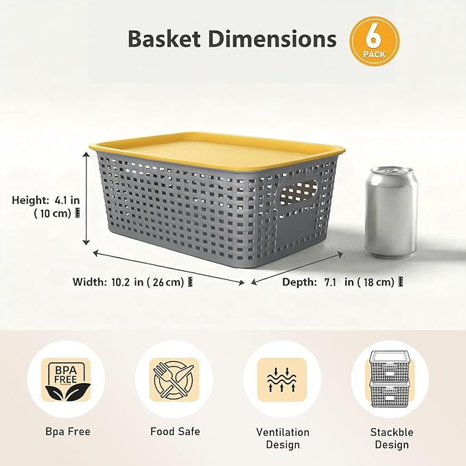 AREYZIN Plastic Storage Bins with Lid,Stackable Storage Bins and Storage Baskets for Shelves,Small Baskets for Organizing, Small Storage Bins,10.2x7.2x4.1 Inch,6-Pack, Gray
