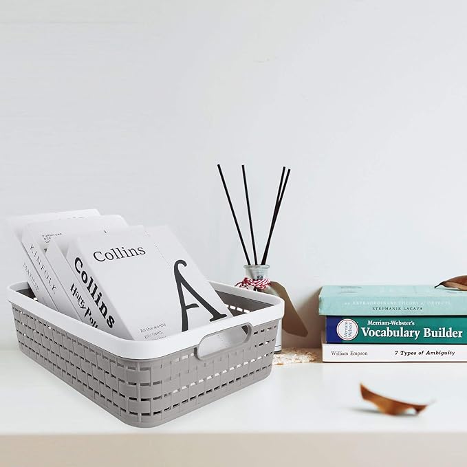 CertBuy 3 Pack Plastic Storage Baskets 14 x 10 x 4.5 Inch Large Weave Storage Bins with Handle for Cabinet Shelf Kitchen Bedroom Bathroom and Office Grey