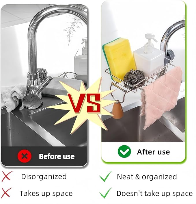 Sponge Holder for Kitchen Sink, Silver Stainless Steel Sink Organizer, Drying Rack for Sponges and Bottles