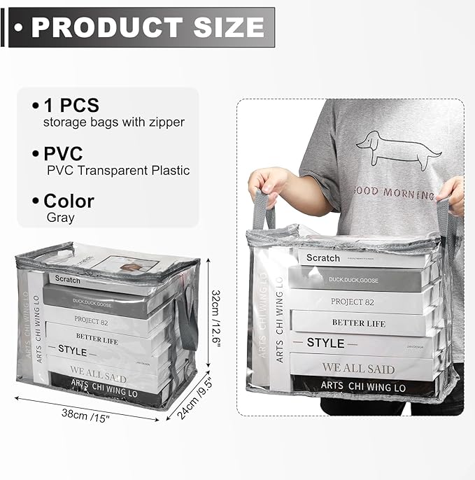 PATIKIL 15x9.5x12.6in Clear Storage Bags, Plastic Storage Bags Clear Small Zippered Organizers Foldable Closet Bed Sheet Organizer Cube with Zipper Handles for Book Clothes Yarn,L, Gray