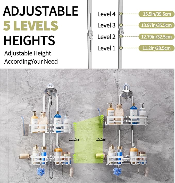 Aluminum Shower Caddy Hanging, Never Rust Shower Organizer- 4 Levels with adjustable Height 10 Hooks for Razor/Sponge - Rack with Soap Basket (Silver)