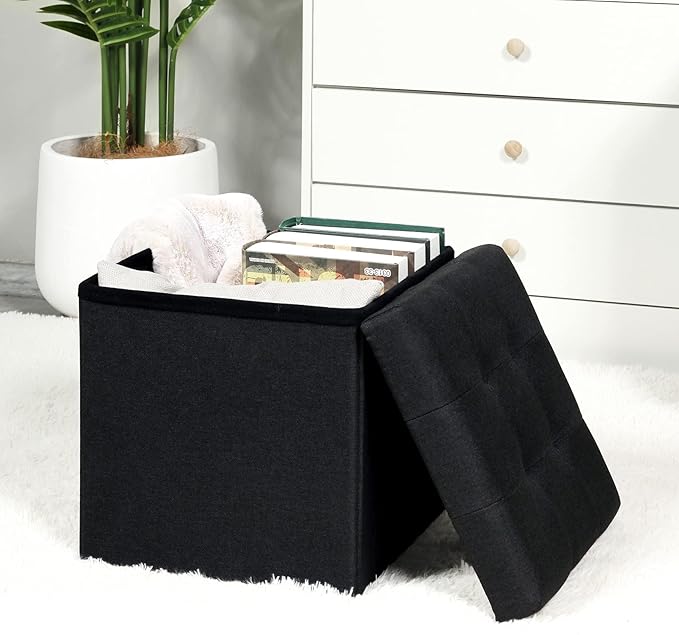 B FSOBEIIALEO Storage Ottoman Cube, Storage Chest Folding Foot Rest Seat, Linen Black 12.6"X12.6"X12.6" (2 Pack)